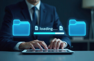 Fototapeta premium Man in suit types on laptop transferring files between folders. Digital loading bar shows data progress. Computer network concept for cloud backup.