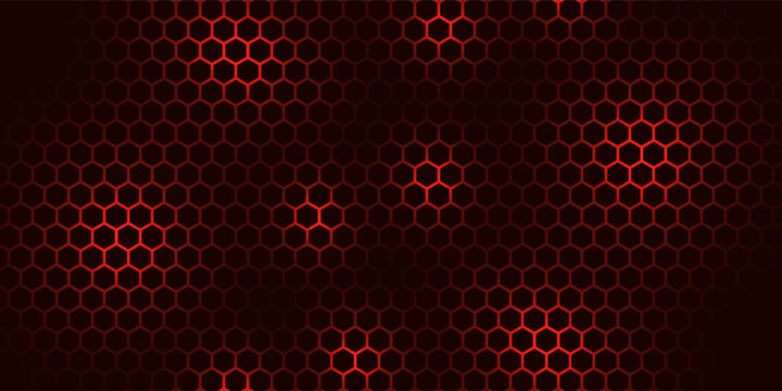 Hexagon game background with glowing red honeycomb grid on black surface. Abstract geometric pattern of connected cells for futuristic interface design. Digital technology bg with luminous edges.