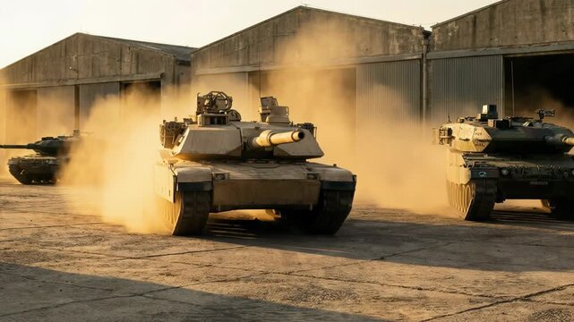 Three main battle tanks, including an M1 Abrams and Leopard 2s, drive out from weathered concrete hangars, kicking up thick clouds of dust into the warm golden sunlight
