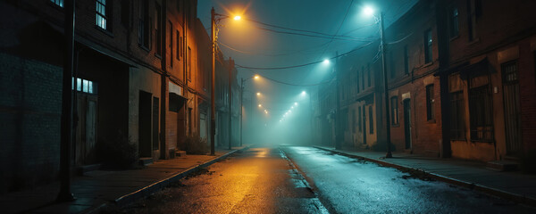 Naklejka premium Dark urban street at night. Wet asphalt reflects orange and blue light from streetlamps. Buildings line the deserted road shrouded in fog, creating a mysterious, tense atmosphere.