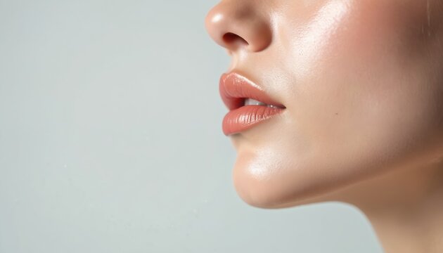 Closeup profile view of a woman lips and chin. Smooth skin reflects soft studio light. Natural makeup highlights full pouty lips. Clean aesthetic.