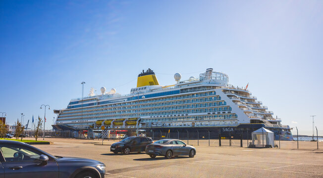 Gothenburg, Sweden - september 23 2025: Large white luxury cruise ship docked in port.