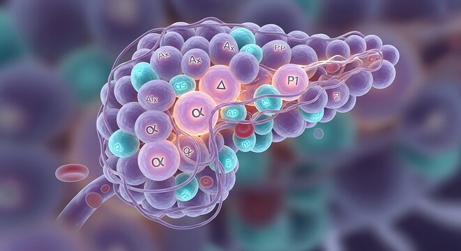 Microscopic view of pancreatic islets containing alpha beta delta and PP cells producing hormones like insulin glucagon and somatostatin for blood sugar regulation