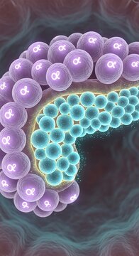 Microscopic view of pancreatic acinar cells and islets of langerhans showing alpha cells and beta cells in a 3D rendering
