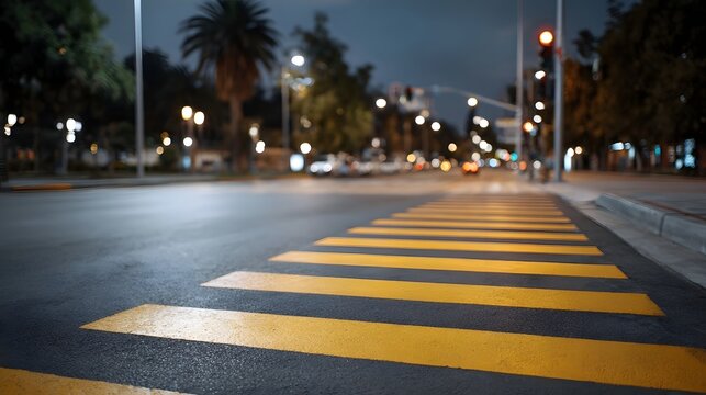 A wet empty yellow crosswalk at a city intersection during nighttime illuminated by ambient streetlights and traffic signals creating a moody