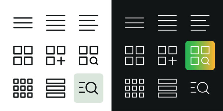Menu button ui icon set. Pack of burger menu, grid menu, search menu vector symbol with editable stroke