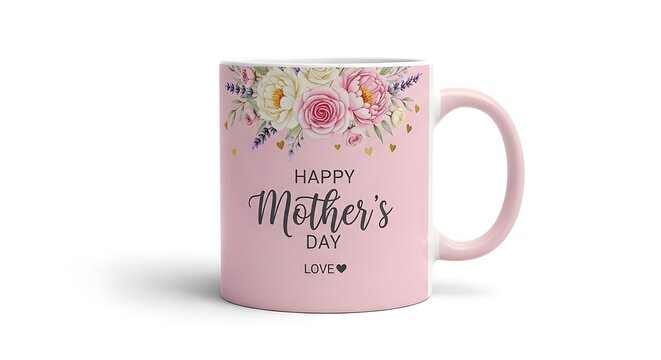 A pink Mother's Day mug with floral designs and a heartfelt message on a plain white surface from a front view