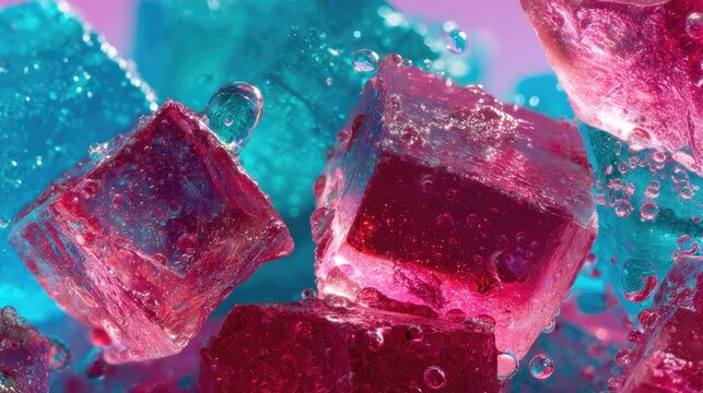 Macro shot of vibrant pink and blue ice cubes submerged in a carbonated liquid with rising bubbles. Bright refreshing background with cold summer drink aesthetic and neon colors