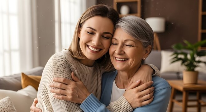 Mujer feliz, enfermera y abrazo a paciente mayor en cuidado de ancianos, apoyo o confianza en un hogar de ancianos.
 Retrato de una persona madura, m&eacute;dico o cuidador m&eacute;dico abraz&aacute;ndose con una sonrisa