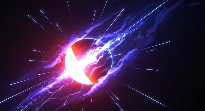 Glowing purple and pink explosion with blue lines on black background