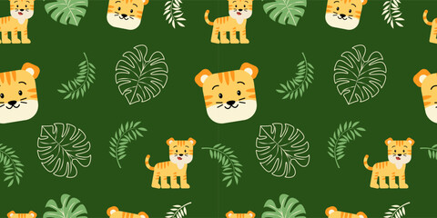 Tiger Jungle Seamless Pattern with Tropical Leaves