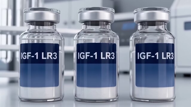 IGF-1 LR3 peptide therapy for longevity and biohacking, three glass vials