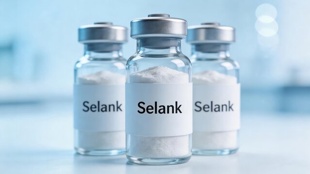 Selank peptide therapy for longevity and biohacking, three glass vials