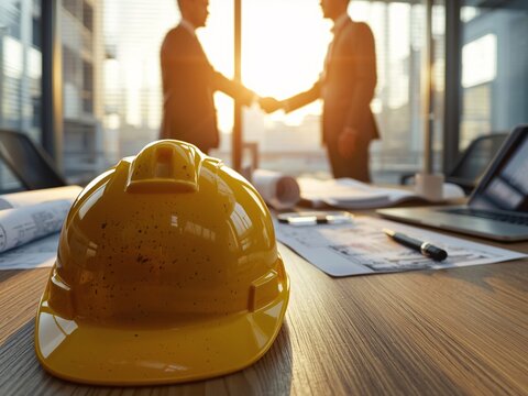 Contruction worker team hands shaking greeting start up plan new project contract behind yellow safety helmet on workplace desk in office center at construction site, partnership, contractor concept