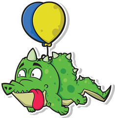 Obraz premium Funny Cartoon Crocodile Character Floating with Colorful Balloons Vector Illustration