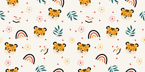 Cute Tiger and Rainbow Seamless Pattern for Kids