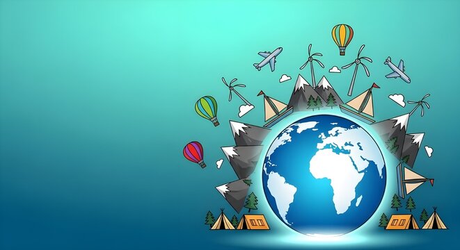 Dise&ntilde;o de fondo de vector de viaje.
 Vayamos a un texto de viaje con un globo terr&aacute;queo en 3D y un destino tur&iacute;stico emblem&aacute;tico para viajes por todo el mundo.
 Ilustraci&oacute;n vectorial.