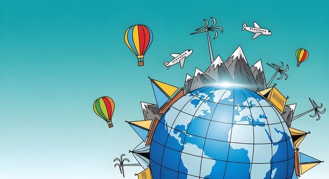 Dise&ntilde;o de fondo de vector de viaje.
 Vayamos a un texto de viaje con un globo terr&aacute;queo en 3D y un destino tur&iacute;stico emblem&aacute;tico para viajes por todo el mundo.
 Ilustraci&oacute;n vectorial.