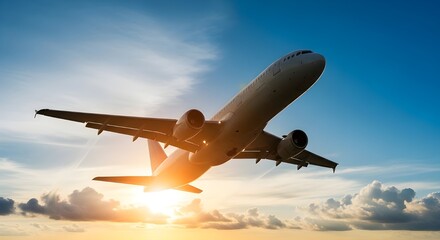 Naklejka premium Avión comercial volando en un hermoso cielo al atardecer, concepto de viaje.