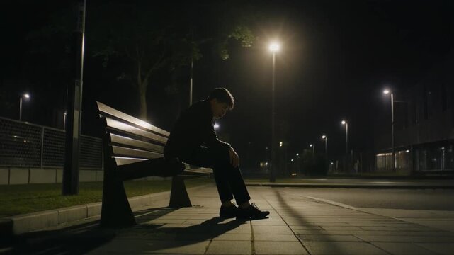 man walking in the night,A man sits alone on a park bench at night under a street lamp, silent and looking sad or lonely.