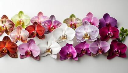 A Display Of Various Orchids A Spectrum Of Colors Arranged Elegantly In A Row Highlighting Their Natural Beauty And Delicate Features Against A Clean White Background