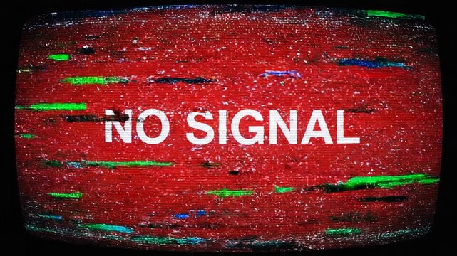 Distorted Television Screen Displays "NO SIGNAL" Text with Red Background and Static Sound