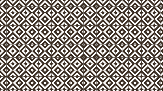 Seamless repeating pattern featuring dark brown geometric diamond shapes interlocking with white backgrounds creating a visually striking tiled effect perfect for textiles