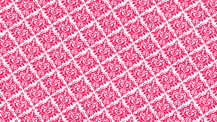 Seamless repeating pattern featuring vibrant magenta baroque damask floral motifs set against a crisp white background for textiles and wallpaper design concepts