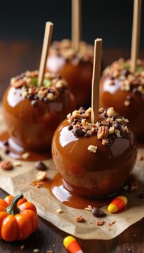 Glossy caramel apples topped with nuts and chocolate chips sit on parchment paper. A small pumpkin and candy corn add festive fall and Halloween decor.