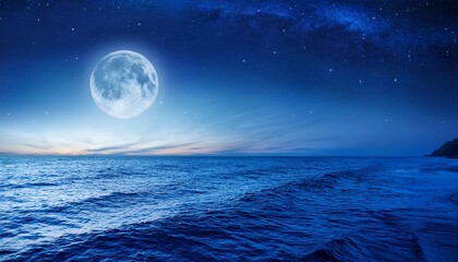 This Photo Illustration Of A Deep Blue Moonlit Ocean And Sky At Night Would Make A Great Travel Background For Any Travel Or Vacation Purpose