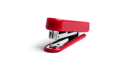 Red stapler on a white background. High quality photo