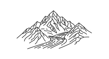 Minimalist Mountain Range with River Line Art Illustration, Vector Graphic