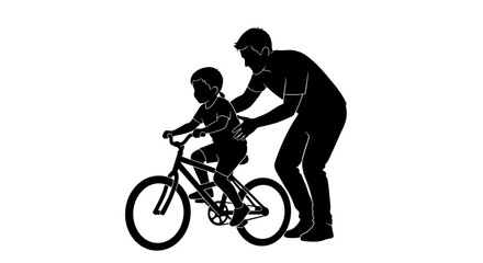 Obraz premium Man helping a child ride bicycle.