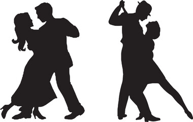 Silhouettes of couples dancing in a ballroom, showcasing different dance styles.