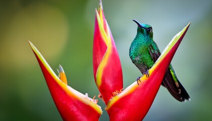 Green Crowned Brilliant Hummingbird Perched On Heliconia Flower