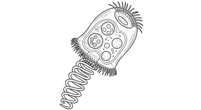 Microscopic Vorticella Protozoa with Cilia and Contractile Stalk - Line Drawing
