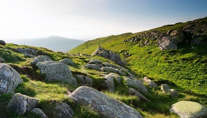 A Rocky Hillside Covered In Green Grass