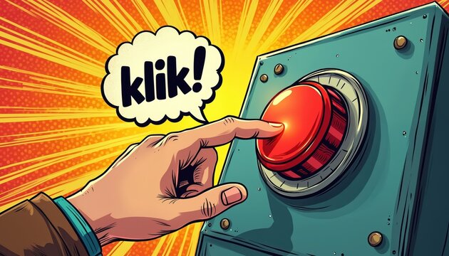 Hand presses large red button with Klik text in comic pop art style. Bright yellow orange radial background. Person activates control panel or game.