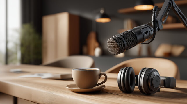 Microphone headphones and coffee cup on a table, perfect for podcasts, radio shows, music cafes, and sound engineering concepts.