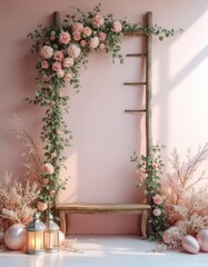 Fototapeta premium Floral arch with pink roses cascades over wooden bench. Romantic garden backdrop for portraits, weddings, and events. Soft light illuminates this decorative setting with lanterns and balloons.