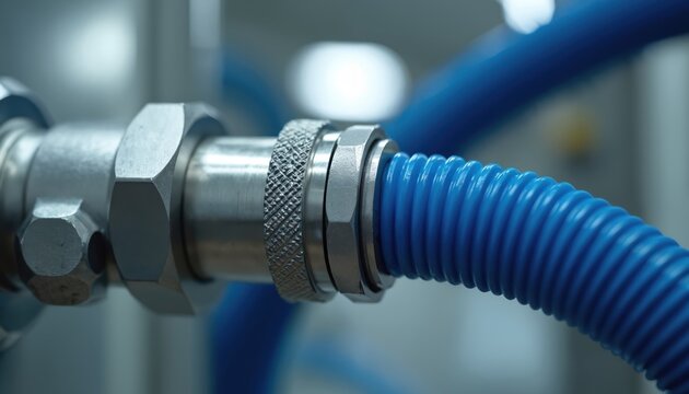Close view of industrial metal fitting connecting to blue ribbed hose. Machinery part shows precision engineering. Detail on tubing connector for fluid transfer.