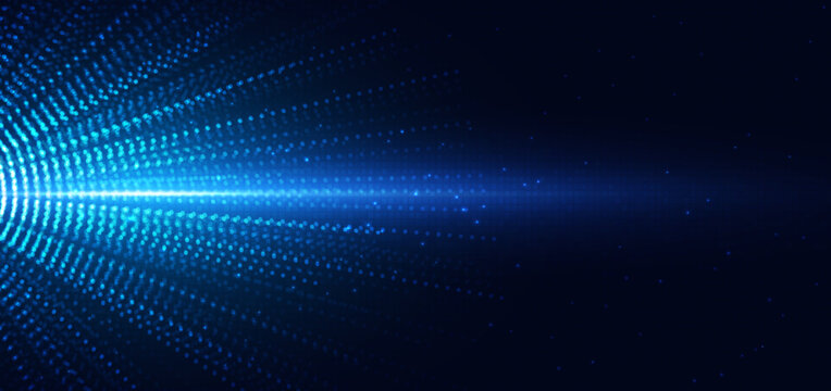 Abstract futuristic technology background featuring glowing blue particle waves forming a digital data beam and network motion effect.