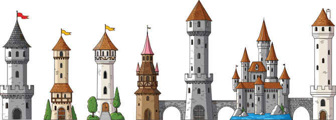Medieval castle towers collection vector illustration with fantasy architecture, stone fortresses, t bridges, isolated design elements, fairytale kingdom buildings set on light background © MstKhadija