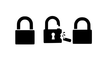 Naklejka premium Black and white padlock icons with one broken lock symbol