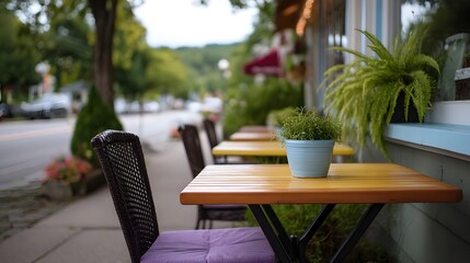 Fototapeta premium Inviting outdoor cafe seating area with potted plant and purple cushions on a tranquil street