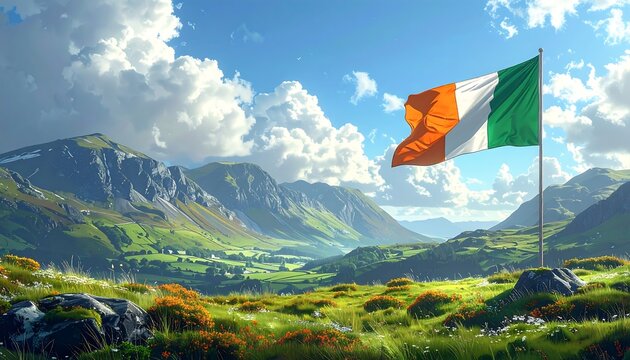 Irish Flag Waving Proudly Over a Lush Green Landscape.