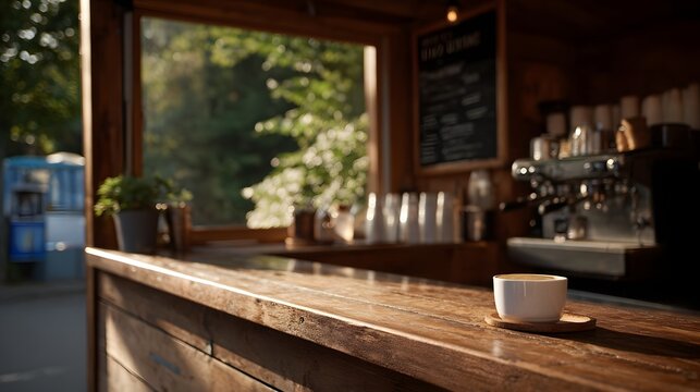 A sunlit cozy roadside coffee stand with a rustic wooden counter featuring a fresh cup of coffee and a blurred natural background