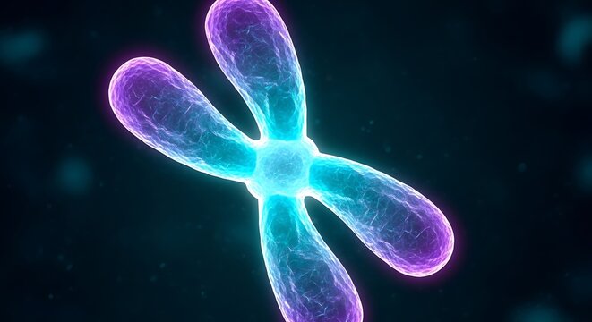 Abstract glowing chromosome structure with vibrant blue and purple hues against a dark bokeh background representing genetic material and DNA science
