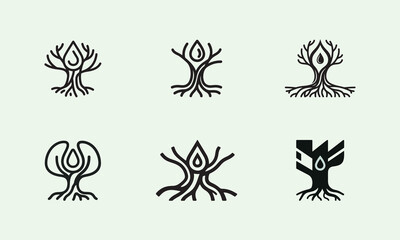 Obraz premium Six tree logos with roots and water drop, black line art on light background.