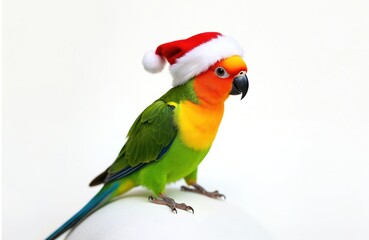 Fototapeta premium Colorful parrot bird with red Santa hat sits on white surface. Bird has green yellow and orange feathers. Festive pet celebrates winter holiday.